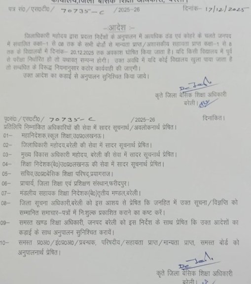 UP के इस जिले में कोहरे और सर्दी के कारण 8वीं तक के स्कूलों में 20 दिसंबर तक छुट्टी