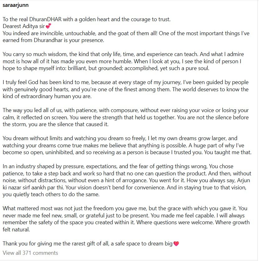 एक्‍ट्रेस सारा अर्जुन ने आदित्य धर को बताया असली 'धुरंधर', शेयर किया इमोशनल नोट