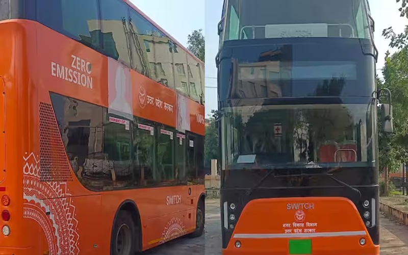 सीएम योगी ने प्रदेश की पहली डबल डेकर EV Bus को दिखाई हरी झंडी, आकांक्षा हॉट का भी शुभारंभ