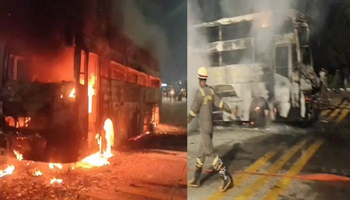 लखनऊ में एक्सप्रेस-वे पर चलती AC बस में लगी भीषण, बाल-बाल बचे 40 यात्री