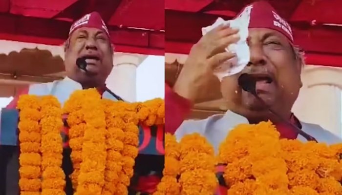 गोरखपुर में मंच पर फूट-फूट कर रोए मंत्री संजय निषाद, कहा- हमारे लोगों का वोट छीना जा रहा