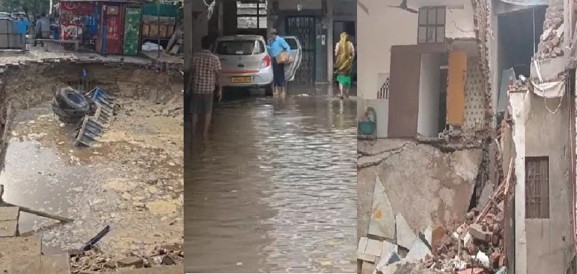 आगरा में हुई मूसलाधार बारिश, फुटपाथ धंसा तो कार-ट्रैक्टर गढ्‌ढे में समाए; नौ जिलों में अलर्ट