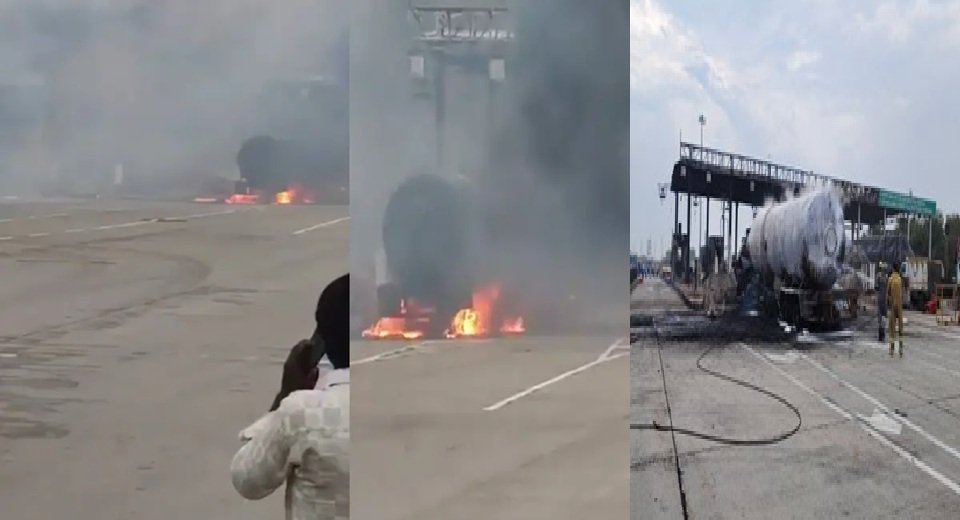 कौशांबी में टोल प्‍लाजा से टकराया LPG टैंकर, धमाके के बाद आग लगी; 16 बाइक और दो कार हुईं खाक