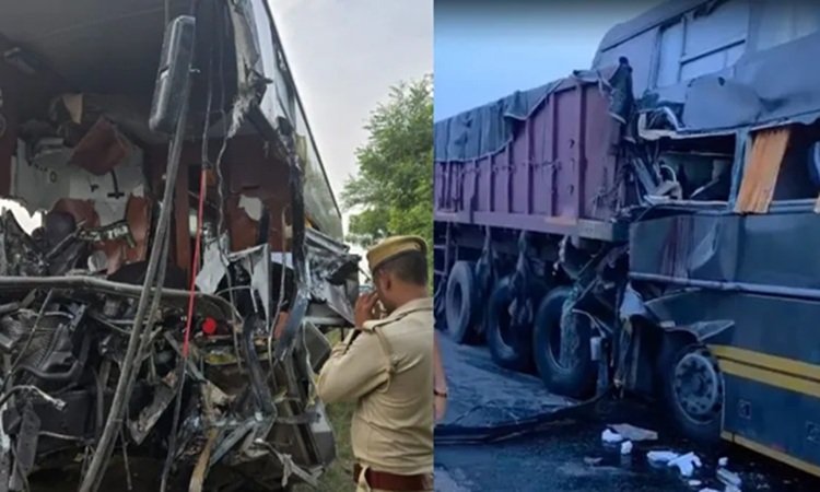 मथुरा में यमुना एक्सप्रेस-वे पर ट्रेलर में जा घुसी बस, चालक समेत चार लोगों की मौत