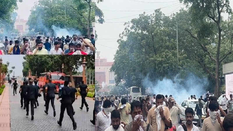 संसद के करीब पहुंचे प्रदर्शनकारी, मेन गेट बंद; आंसू गैस के गोले दागे, बढ़ाई गई सुरक्षा